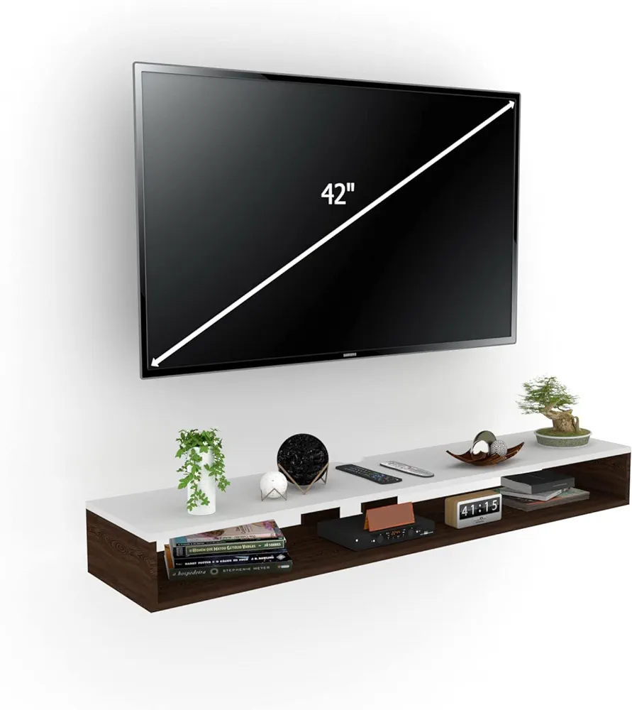 Picture of Wall Mounted TV Unit, Cabinet, with TV Stand Unit Wall Shelf for Living Room/Engineered Wood TV Entertainment Unit Set Top Box Stand/TV Cabinet (90 White Walnut - Black