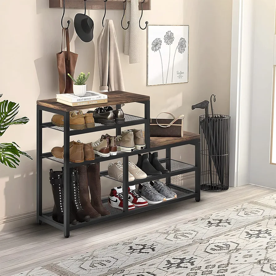 Picture of Shoe Rack Bench Shoe Storage Organizer with Seat, 5-Tier Industrial Free Standing Shoe Rack for Entryway, Narrow Shoe Rack Organizer Shelves for High Heels, Entryways, Hallways, Closets,Brown