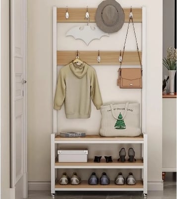 Picture of Industrial Hall Tree for Entryway, Wood and Metal Coat Rack with Shoe Bench, Storage Shelf Organizer Accent Furniture with Double Row of Hooks
