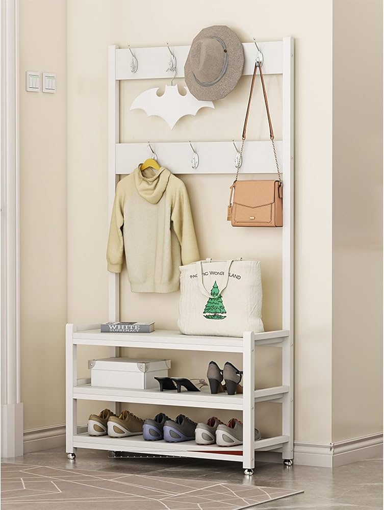 Picture of Industrial Hall Tree for Entryway, Wood and Metal Coat Rack with Shoe Bench, Storage Shelf Organizer Accent Furniture with Double Row of Hooks