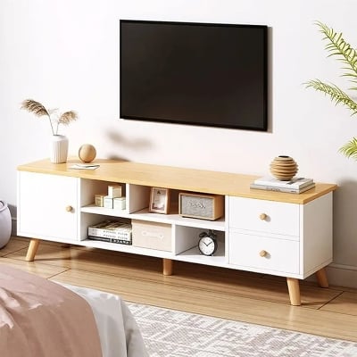 Picture of TV Rack,Melamine Entertainment Unit, LCD TV Cabinet Modern Style Walnut TV Table LCD TV Rack Console Table (120x30x38 cm) - Beige