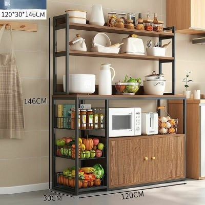 Picture of Kitchen Bakers Rack with Storage, Kitchen Utility Storage Shelf with Cabinet, Microwave Oven Stand with Spice Rack and Hutch, Rustic Brown - Black