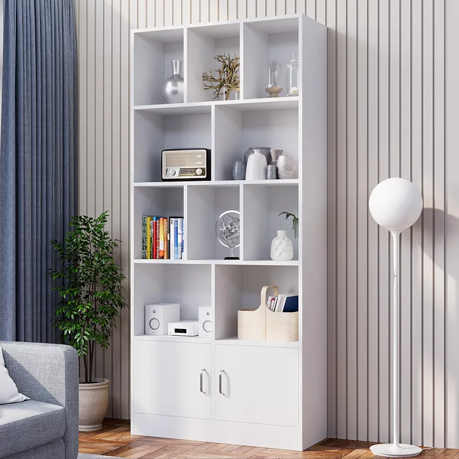 Picture of Ayaan" Tall White Bookshelf with 12 Cubes and 2 Doors, 4-Tier Open Shelf Bookcase with Cabinet, Modern Cube Storage Organizer for Living Room, and Office