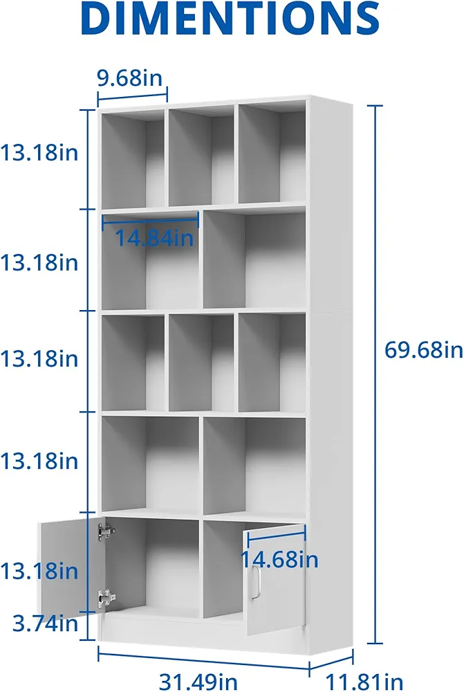 Picture of Ayaan" Tall White Bookshelf with 12 Cubes and 2 Doors, 4-Tier Open Shelf Bookcase with Cabinet, Modern Cube Storage Organizer for Living Room, and Office