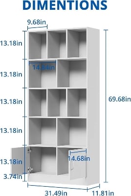 Picture of Ayaan" Tall White Bookshelf with 12 Cubes and 2 Doors, 4-Tier Open Shelf Bookcase with Cabinet, Modern Cube Storage Organizer for Living Room, and Office