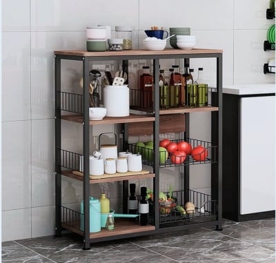 Picture of Kitchen Baker's Rack, Utility Microwave Oven Stand with Storage Cabinet Free Standing Kitchen Shelves Organizers Storage Cart Workstation Shelf for Home - Black