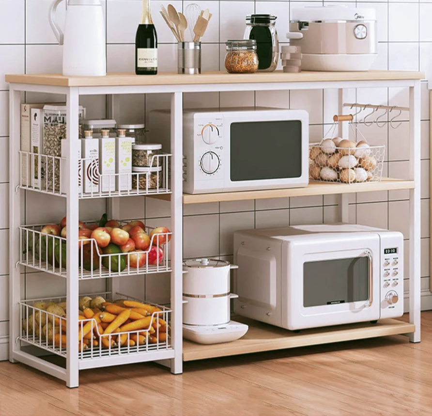 Picture of Metal Kitchen Storage Baker's Rack with board  Table - Microwave Stand & Organizer Rack for Efficient Kitchen Island Storage,A,100cm - Black