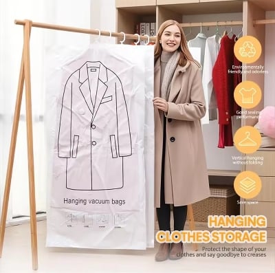 Picture of Hanging Vacuum Compression Storage Bag + Hand Pump for Jacket, Quilt, Coats, Suits, Dresses etc. Travel organizer for luggage, Large Capacity Wardrobe Organizer for Clothes | Space Saver | Reusable Dustproof Wardrobe Bag