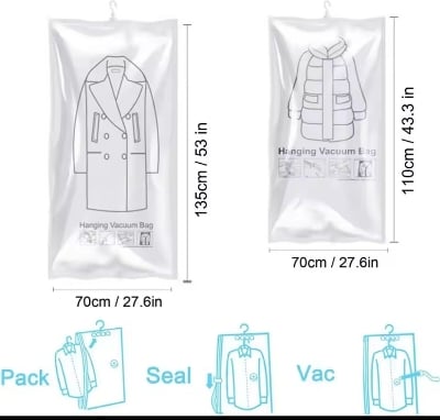 Picture of Hanging Vacuum Compression Storage Bag + Hand Pump for Jacket, Quilt, Coats, Suits, Dresses etc. Travel organizer for luggage, Large Capacity Wardrobe Organizer for Clothes | Space Saver | Reusable Dustproof Wardrobe Bag