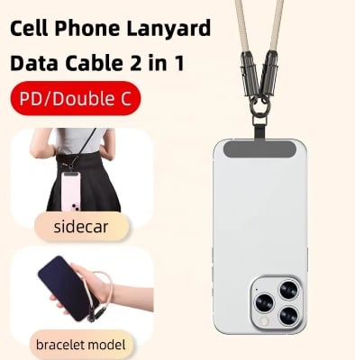 Picture of 66W Quick Charging USB-C To Type C Data Cable Portable Cellphone Lanyard Straps with Tether Tabs for IPhone Samsung Xiaomi