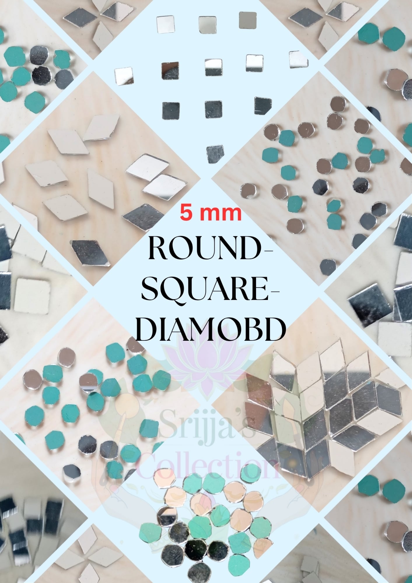 Picture of 5 mm Square/Round/Diamond Shape Glass Craft Mirror for Crafts Lippon Art Embroidery works Arts and Crafts (300 pcs)