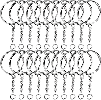 Picture of 12 pieces Key Rings with Chain Metal Split Rings for Crafts 25mm with 30 mm Chains Open Jump Ring