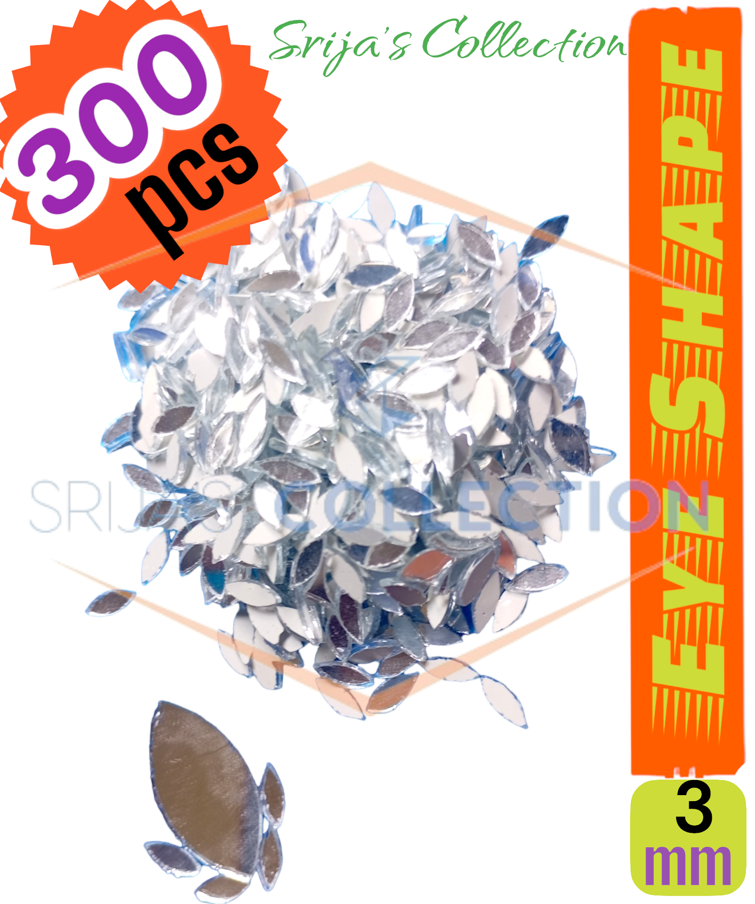 Picture of 3mm | Zero size Eye Shape Mirror for Embroidery Works in Any Other Clothes, Jewellery Making, Lippan Arts & Crafts Mosaic Tiles 3x7 mm