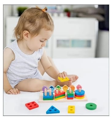 Picture of Wooden Stacking Toys, Shape Sorting Board & Wooden Toddler Fishing Toys, Shape Color Recognition Blocks Matching Puzz Multicolor