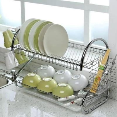 Picture of 2 Layer Plate Storage Stand Rack - Silver - Kitchen Rack White