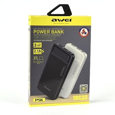 Picture of AWEI P5K Portable Power Bank 10000mAh Power bank Dual USB A Type c Micro Dual input Fast Charge Travel Power bank(Black)