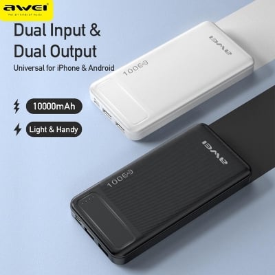 Picture of AWEI P5K Portable Power Bank 10000mAh Power bank Dual USB A Type c Micro Dual input Fast Charge Travel Power bank(Black)