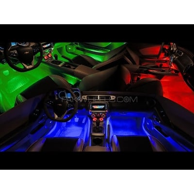 Picture of 4pcs 48 LEDs Car Strip Lights, RGB, Music Activated, Automobile Interior Decoration Light Bars, DC 12V Sound Sensor Function, Wireless Remote Control, Car Charger Included