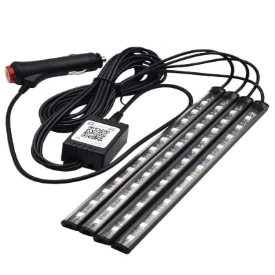 Picture of 4pcs 48 LEDs Car Strip Lights, RGB, Music Activated, Automobile Interior Decoration Light Bars, DC 12V Sound Sensor Function, Wireless Remote Control, Car Charger Included