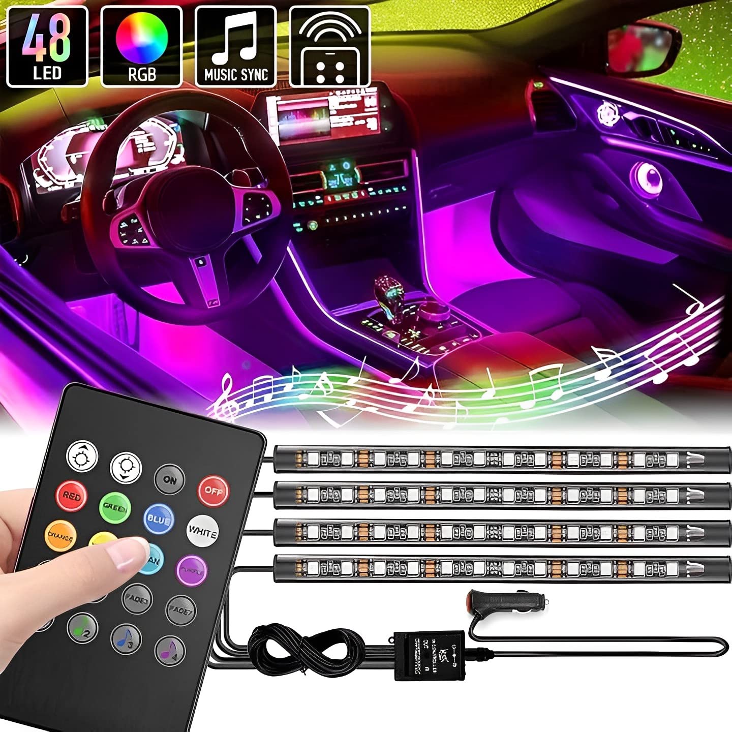 Picture of 4pcs 48 LEDs Car Strip Lights, RGB, Music Activated, Automobile Interior Decoration Light Bars, DC 12V Sound Sensor Function, Wireless Remote Control, Car Charger Included