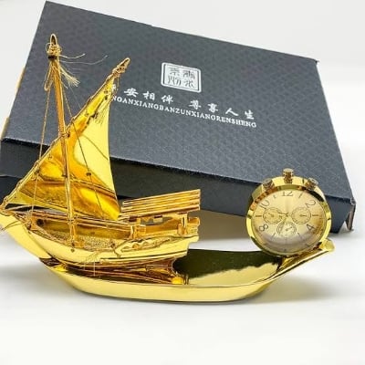 Picture of Golden Boat Car Air Freshener Showpiece With Analog Watch Lemon Perfume