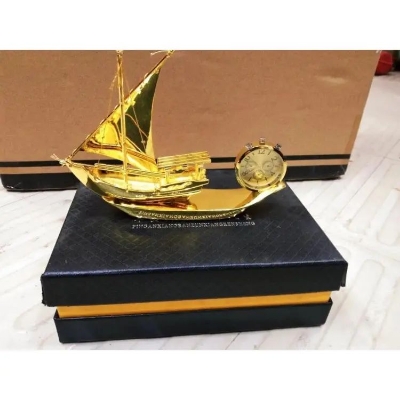 Picture of Golden Boat Car Air Freshener Showpiece With Analog Watch Lemon Perfume