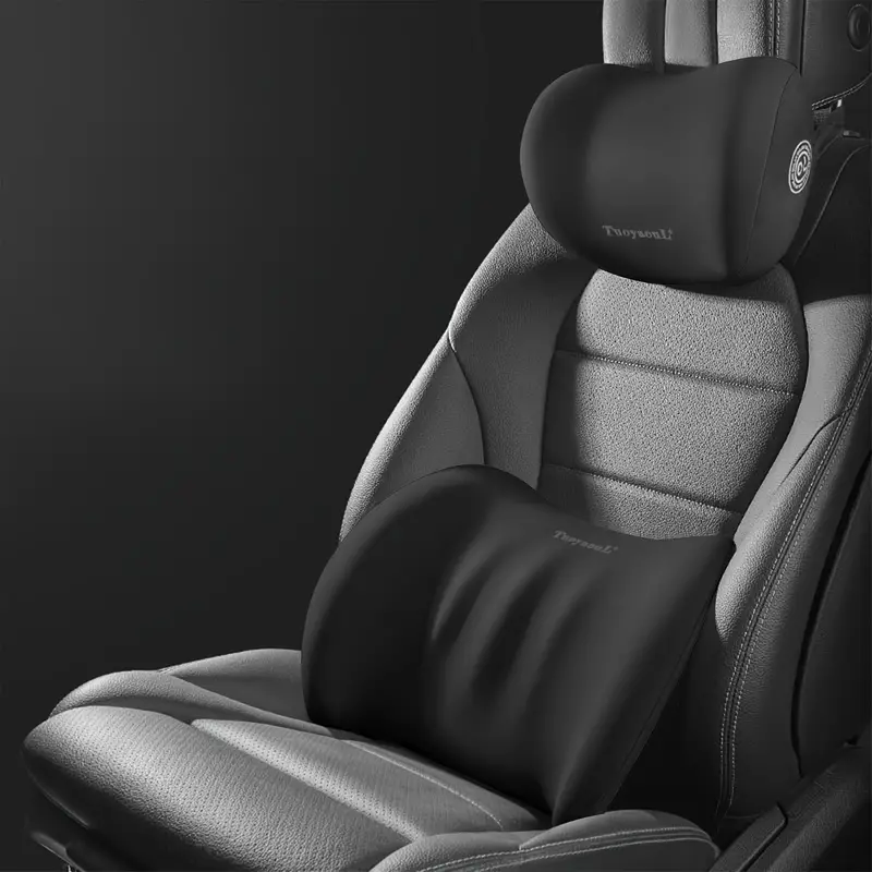 Picture of Lumbar support and car neck pillow for office chairs and car seats, soft memory foam ergonomic seat cushion with adjustable straps, ergonomic and comfortable design Black