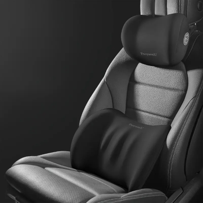Picture of Lumbar support and car neck pillow for office chairs and car seats, soft memory foam ergonomic seat cushion with adjustable straps, ergonomic and comfortable design Black