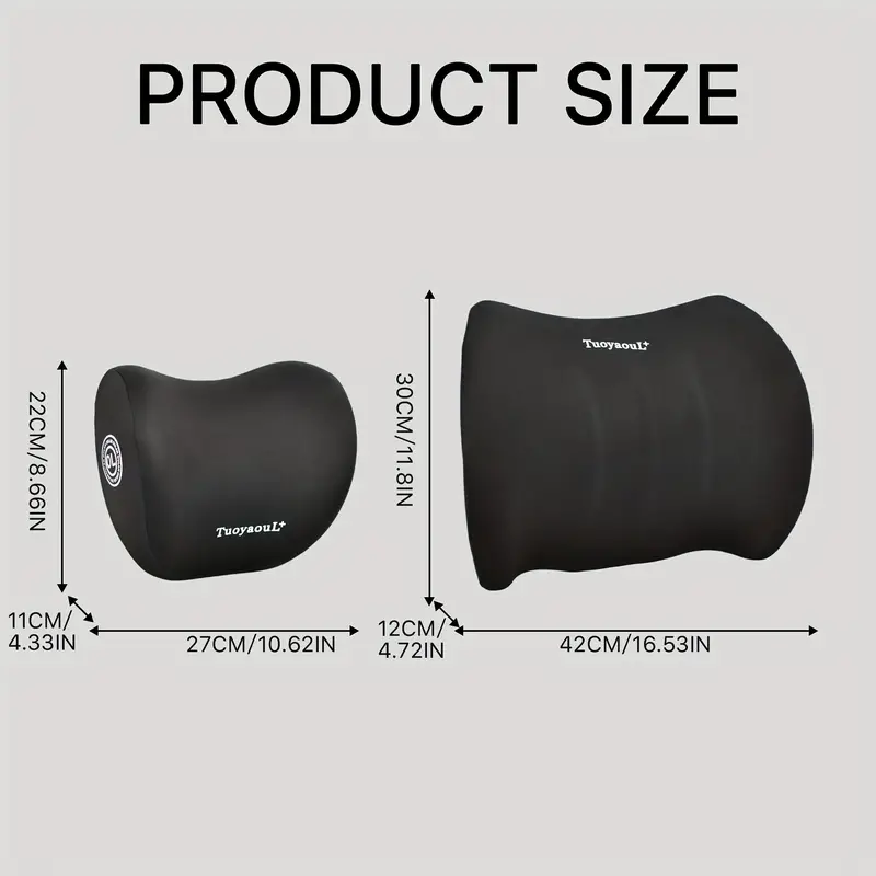Picture of Lumbar support and car neck pillow for office chairs and car seats, soft memory foam ergonomic seat cushion with adjustable straps, ergonomic and comfortable design Black