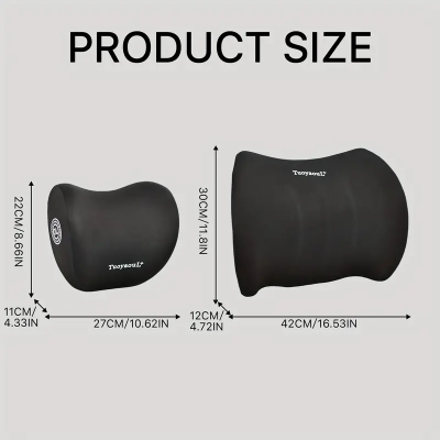 Picture of Lumbar support and car neck pillow for office chairs and car seats, soft memory foam ergonomic seat cushion with adjustable straps, ergonomic and comfortable design Black