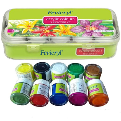Picture of PREMIUM Fevicryl Acrylic Colours Sunflower Kit (10 Shades x 15ml) - DIY Fabric & Multi-Surface Painting Set-10/15ml