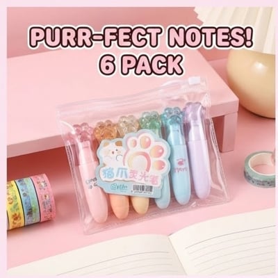 Picture of Cat Paw Mini Highlighters (Set of 6) - Cute Capsule Shaped Marker Pens with Chisel Tip for School & Journaling