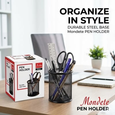 Picture of Mondete Black Steel Pen Desk Holder - Metal Mesh Stationery Organizer with Anti-Slip Rubber Feet for Office & Home