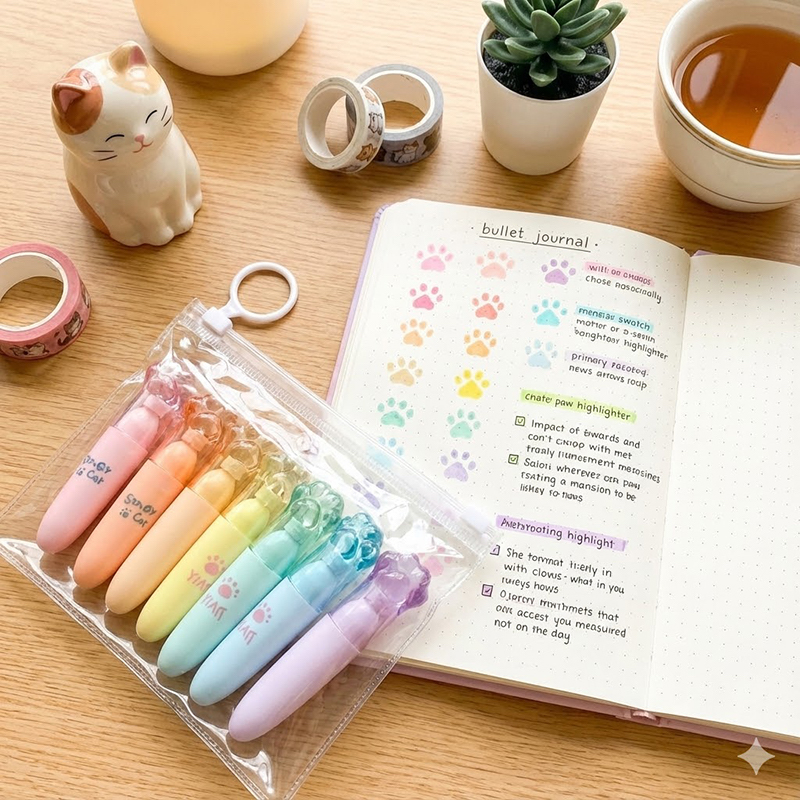 Picture of Cat Paw Mini Highlighters (Set of 6) - Cute Capsule Shaped Marker Pens with Chisel Tip for School & Journaling
