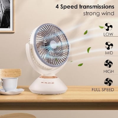 Picture of Jysuper JY-2570 Fan 10 Inch High Speed Rechargeable Table Fan with Oscillation 8000mAh Battery Automatic Oscillation 4 Speed Modes LED Night Light Portable USB Charging Desk Fan for Home, Office & Study