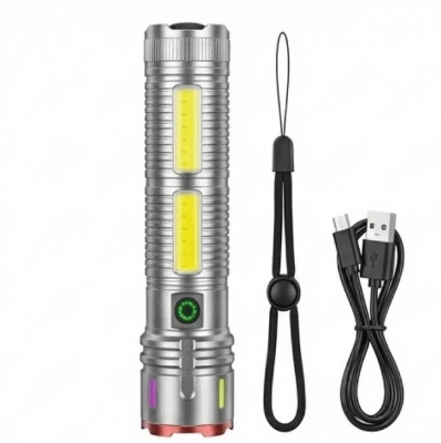 Picture of X03 Rechargeable Aluminum Alloy Body Zooming Torch Light Flashlights with COB Light Digital Display Type-C Port - Grey
