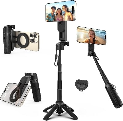 Picture of P15 MINI Magnetic Retractable Selfie Stick Tripod with Detachable Remote Size,3-in-1 Mini Phone Grip 2 Cold Shoe 10M or 393.7'' Wireless Shutter P15 Magnetic Selfie Stick Black
