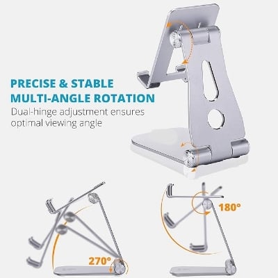 Picture of Phone Stand For desk, Mobile Stand and Phone Holder Compatible with iPhone 12, iPad, Samsung Note 20, Tablets 7-10", Adjustable Tablet Stand - Silver