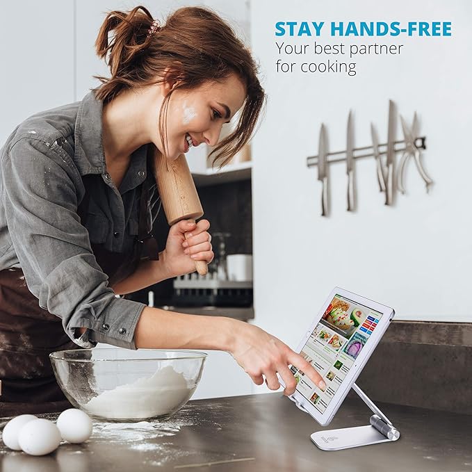 Picture of Phone Stand For desk, Mobile Stand and Phone Holder Compatible with iPhone 12, iPad, Samsung Note 20, Tablets 7-10", Adjustable Tablet Stand - Silver