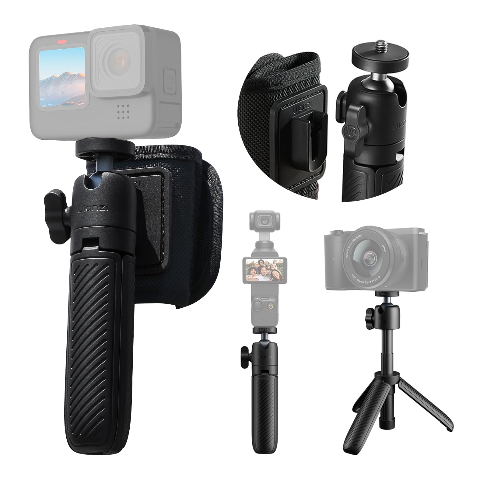 Picture of ULANZI MT88 Small Camera Tripod, Mini 3-in-1 Selfie Stick w Backpack Mount Shoulder Strap, 3-Sect Adjustable Tabletop Tripod Holder, Handheld Travel Pole for Action Camera, DJI Pocket3, Insta 360 X5