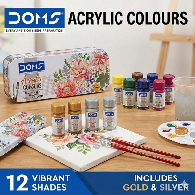Picture of DOMS Acrylic Colours Set (12 Shades x 15ml) - Includes Gold & Silver Colors + 2 Free Brushes - Multi-Surface Paint Kit