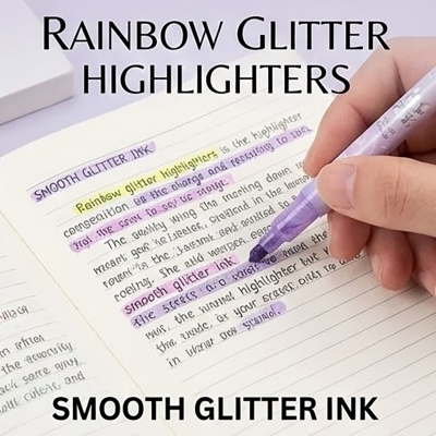 Picture of Rainbow Glitter Erasable Highlighters (Model NO. 985) - Set of 6 Shimmering Marker Pens with Eraser Tip,Sparkling Erasable Markers - Rainbow & Music Theme Stationery