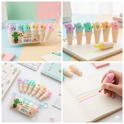 Picture of XYUEH Cactus Mini Highlighters (Set of 6) - Model XYH-3175 - Cute Capsule Marker Pens for School & Journaling
