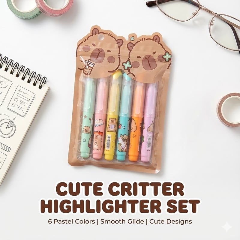 Picture of Mini Bear Highlighters (Set of 6) - Cute Capsule Shaped Marker Pens with Bubble Tea Theme for School & Journaling