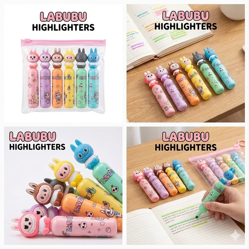 Picture of Labubu Cartoon Highlighters (Set of 6) - Cute Bottle Shaped Pastel Marker Pens for Kawaii Stationery Lovers