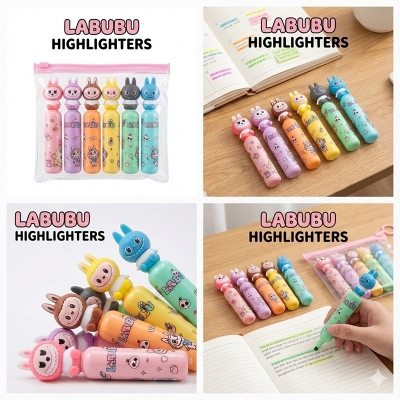 Picture of Labubu Cartoon Highlighters (Set of 6) - Cute Bottle Shaped Pastel Marker Pens for Kawaii Stationery Lovers