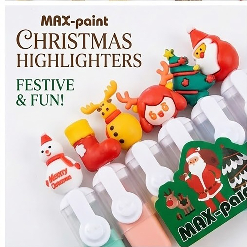 Picture of Christmas Theme Mini Highlighters (Set of 6) - Santa & Snowman Topper Marker Pens in Zipper Pouch for Kids Gift