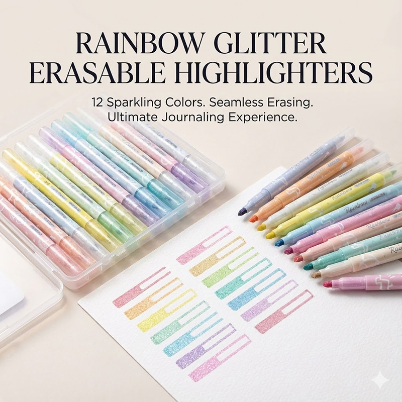 Picture of Rainbow Glitter Erasable Highlighters (12 Colors Set) - Shimmering Marker Pens with Eraser Tip for Journaling,12-Color Magic Glitter Markers - Erasable Highlighters for Students