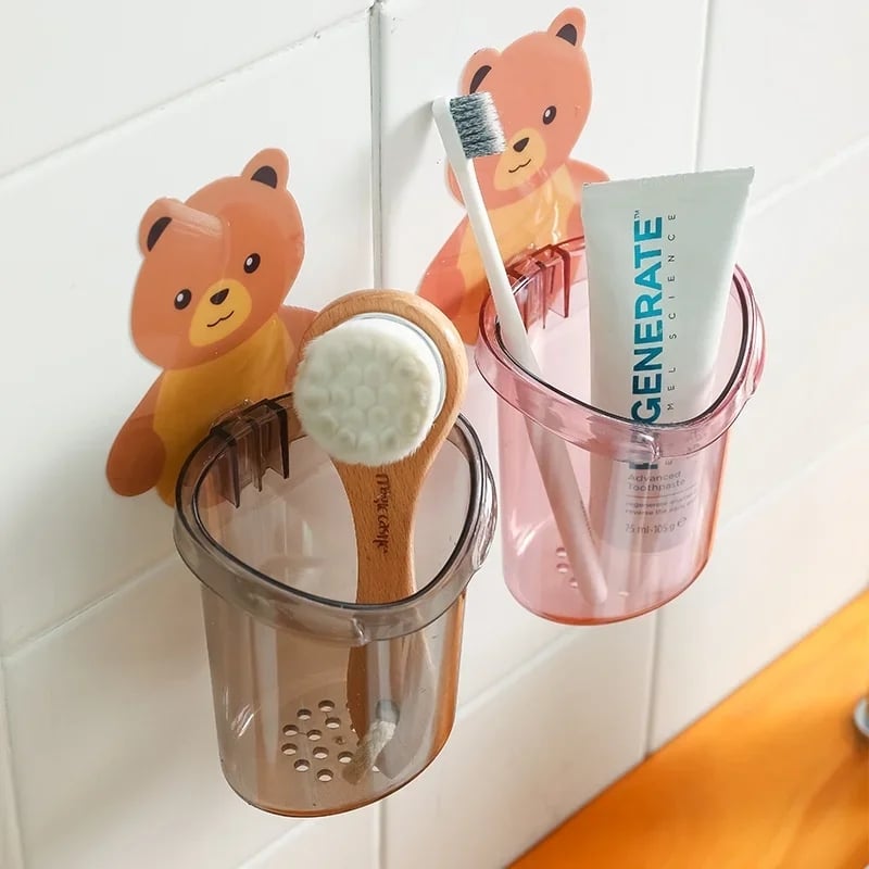 Picture of Bear Storage Cup Holder Wall Mount Toothbrush Storage Rack Stand Child Home Bathroom Accessories Grey