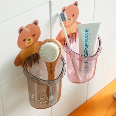Picture of Bear Storage Cup Holder Wall Mount Toothbrush Storage Rack Stand Child Home Bathroom Accessories Grey
